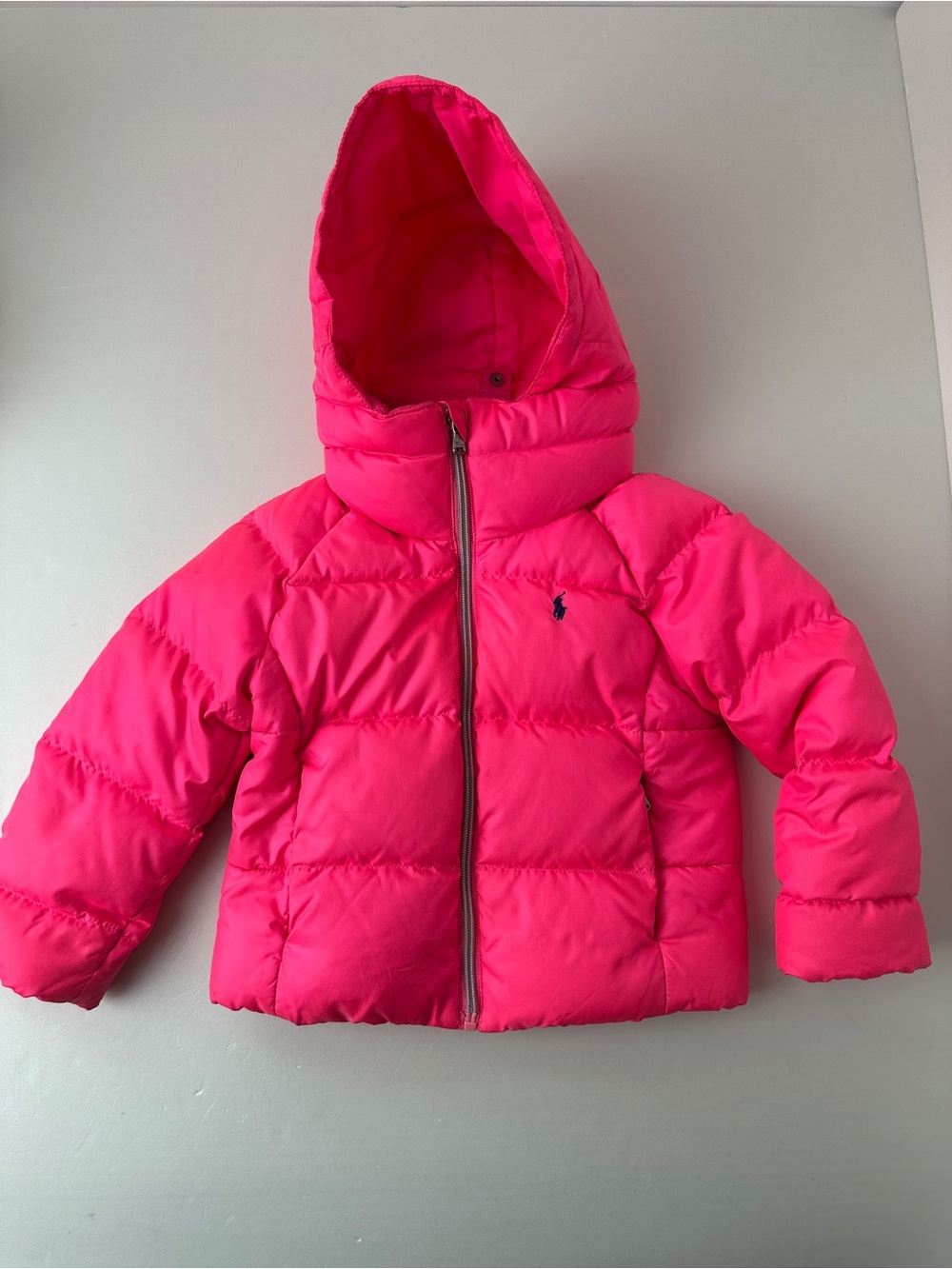 Polo Ralph Lauren Girls NeonPink Down Puffer Jacket Hooded Winter Coat Size 4 4T